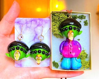 Alien boy complete set sculpture necklace full body matching earrings  inspired by Oliver tree LED light effective