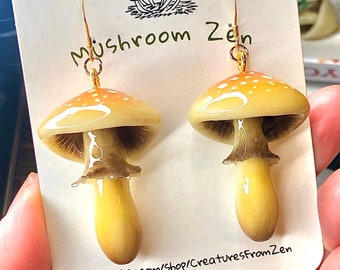 New psilocybe cubensis glow in the dark mushroom earrings / magic mushroom earrings 14k gold hooks