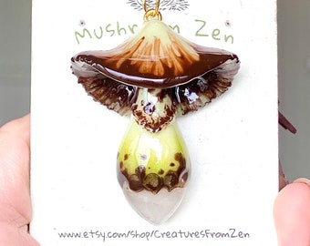 Mushroom Zen’s signature design Glow in dark earthy drippy inky mushroom glow in the dark mushroom charm + Clear Quartz