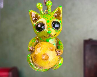 Alien Cat with moon Necklace Glow in the dark 24 inches adjustable vegan leather cord