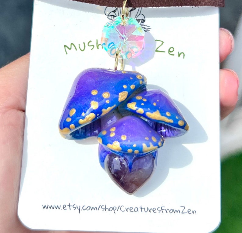 2 pendants Share with your bestie set Petite Cute cluster Glow in dark mushroom pendants With Amethyst / clear Quartz image 2