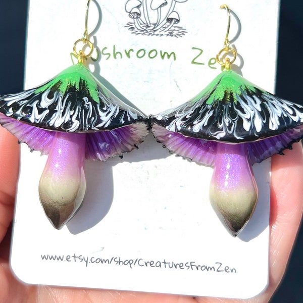 BeetleJuice Special Edition  glow in the darkEarrings 14k gold hooks mushroom earrings