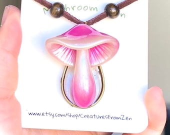 Glowy fairy silky pink cap glow in the dark mushroom petite pendant