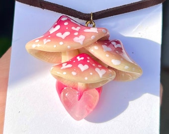 Handmade Rose Quartz Heart Mushroom Pendant - Glow in the Dark