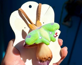 Magnetic Fairy Luna Moth Amanita Mushroom Pendant Amethyst Insect Crystal Handmade Sculpted Necklace