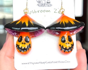 Halloween Special Edition Jack O’ Lantern glow in the darkEarrings 14k gold hooks mushroom earrings