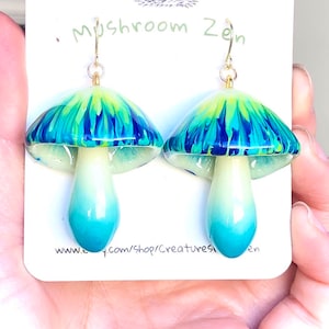 Glow In the dark ocean vibe Earthy Teal/ blue cap mushroom earrings 14k gold hooks handmade mushroom earrings