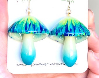 Glow In the dark ocean vibe Earthy Teal/ blue cap mushroom earrings 14k gold hooks handmade mushroom earrings