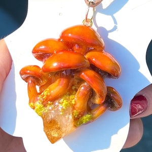 Mushroom Necklace. Orange Mycena leaiana Mushroom pendant Glow in dark mushroom pendant with Citrine . 24 inches adjustable cord