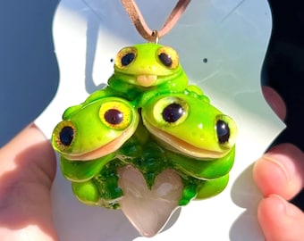 Frog Necklace | Green Tree frog Family | Rose Quartz | Glow in the dark