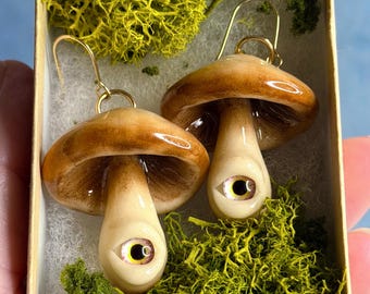 Protection ghost mushroom earrings hand sculpted fungi jewelry glow in the dark