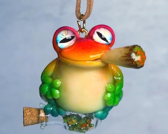 Hand-Sculpted Rainbow Frog Necklace – Glow in Dark Pendant, Vegan Cord