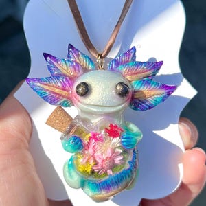 Axolotl Necklace. Northern Light Exotic Flower spell bottle pendant reptile 24 inches adjustable cord glow in the dark