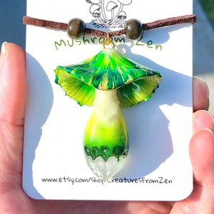 Mushroom Zen’s signature Gold tint + Earthy mossy green cap  Glow in dark with Quartz + gradation brown Inkycap mushroom charm