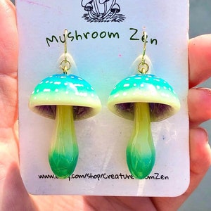 Spotted Glow in dark  mushroomearrings gradation Teal cap mushroom earrings handmade earrings