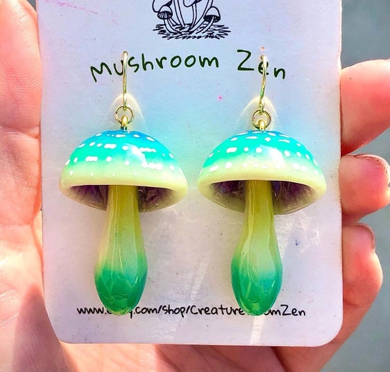 Spotted deals Glow in dark mushroomearrings gradation Teal cap mushroom earrings handmade earrings