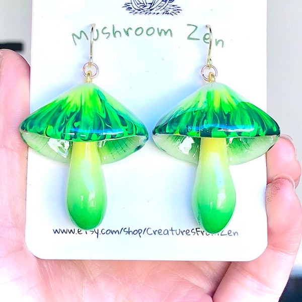 Glow in the dark Translucent  earthy green inkycap earrings 14k gold hooks handmade mushroom earrings