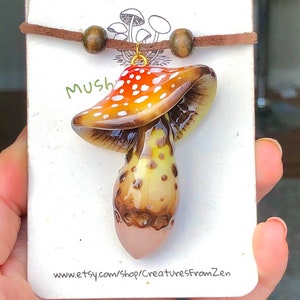 Drippy Orange gradation Mushroom Zen’s signature design Glow in dark Amanita mushroom charm + Rose Quartz