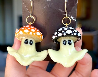 Amanita Hat Ghost earrings glow in the dark 14k gold hooks hypoallergenic Halloween