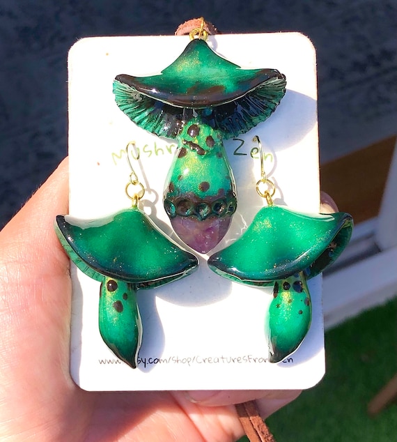 Dark Fae Mushroom Pendant and Earrings Set, Glow in the Dark