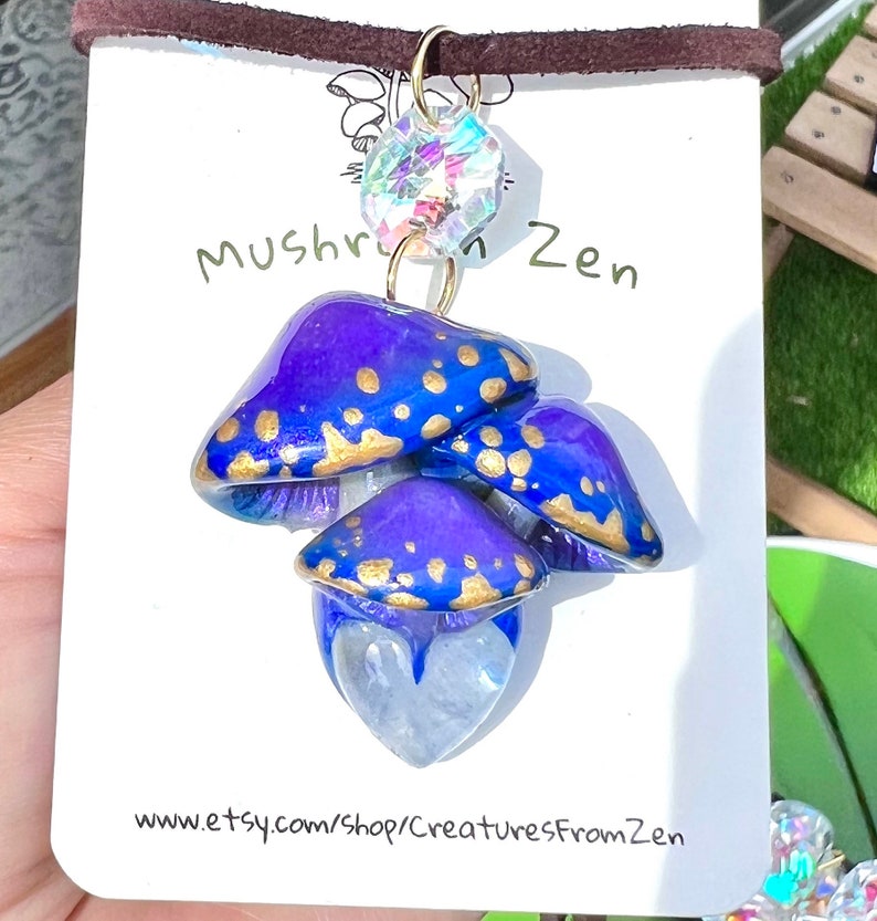 2 pendants Share with your bestie set Petite Cute cluster Glow in dark mushroom pendants With Amethyst / clear Quartz image 3