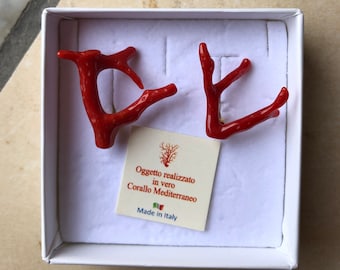 Red coral earrings, red coral branches, coral earrings, red coral, stud earrings, Mediterranean coral,