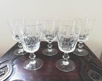 Vintage 4 Clear Etched Red Wine or Water Goblets with Swag and Dots for Wedding