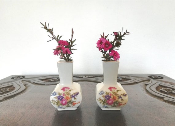 Vintage Pair Mini White Ceramic Porcelain Vases Gold Trim Etsy