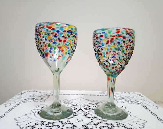 Hand Blown Glass Confetti Wine Glasses Water Goblets Boho Party Rainbow  Glasses Mexican Glassware Handmade Housewarming Gift Mexican Decor 