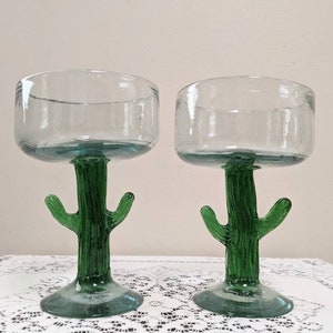 Margarita green rim Saguaro cactus stem, made in Mexico with recycled glass,  Mexican bubble glass