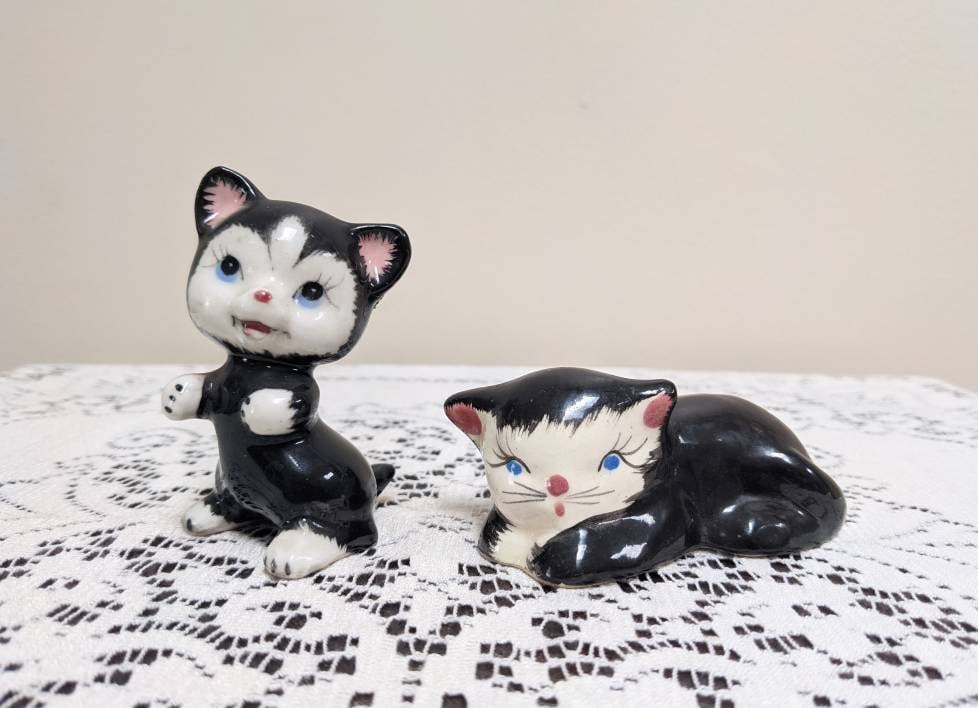 Vintage porcelain cat figurines sold as a set black cat white Etsy