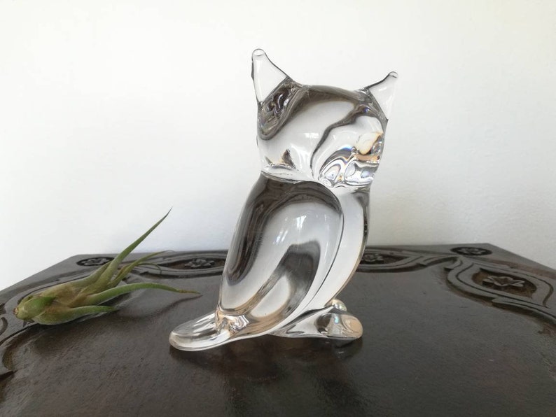 Vintage large clear glass owl figurine crystal mid century horned owl decor paperweight unique owl gift retro owl art stylized