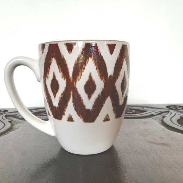 Vintage ikat boho tribal geometric ethnic large coffee mug tea ceramic Great Gatherings birthday gift brown and cream earth tone hippie