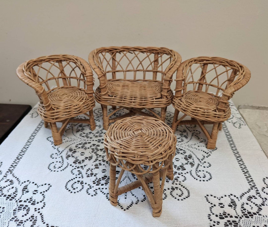 Vintage Rattan Doll House Furniture Table Chairs Boho Decor Boho Mini Plant Stand Boho Gift Doll