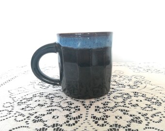 Vintage studio pottery mug unique black brown blue trim glaze ceramic mug boho coffee mug gift geometric one of a kind