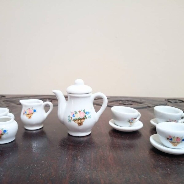 Vintage porcelain dollhouse children's tea set collectible mini tea set floral motif retro tea time tiny teapot tea cups saucers creamer set