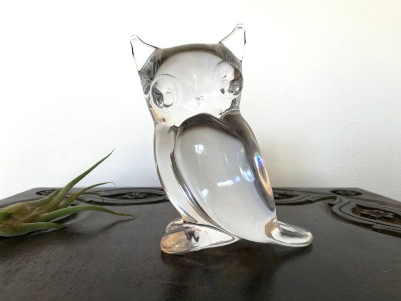 Vintage large clear glass owl figurine crystal mid century horned owl decor paperweight unique owl gift retro owl art stylized
