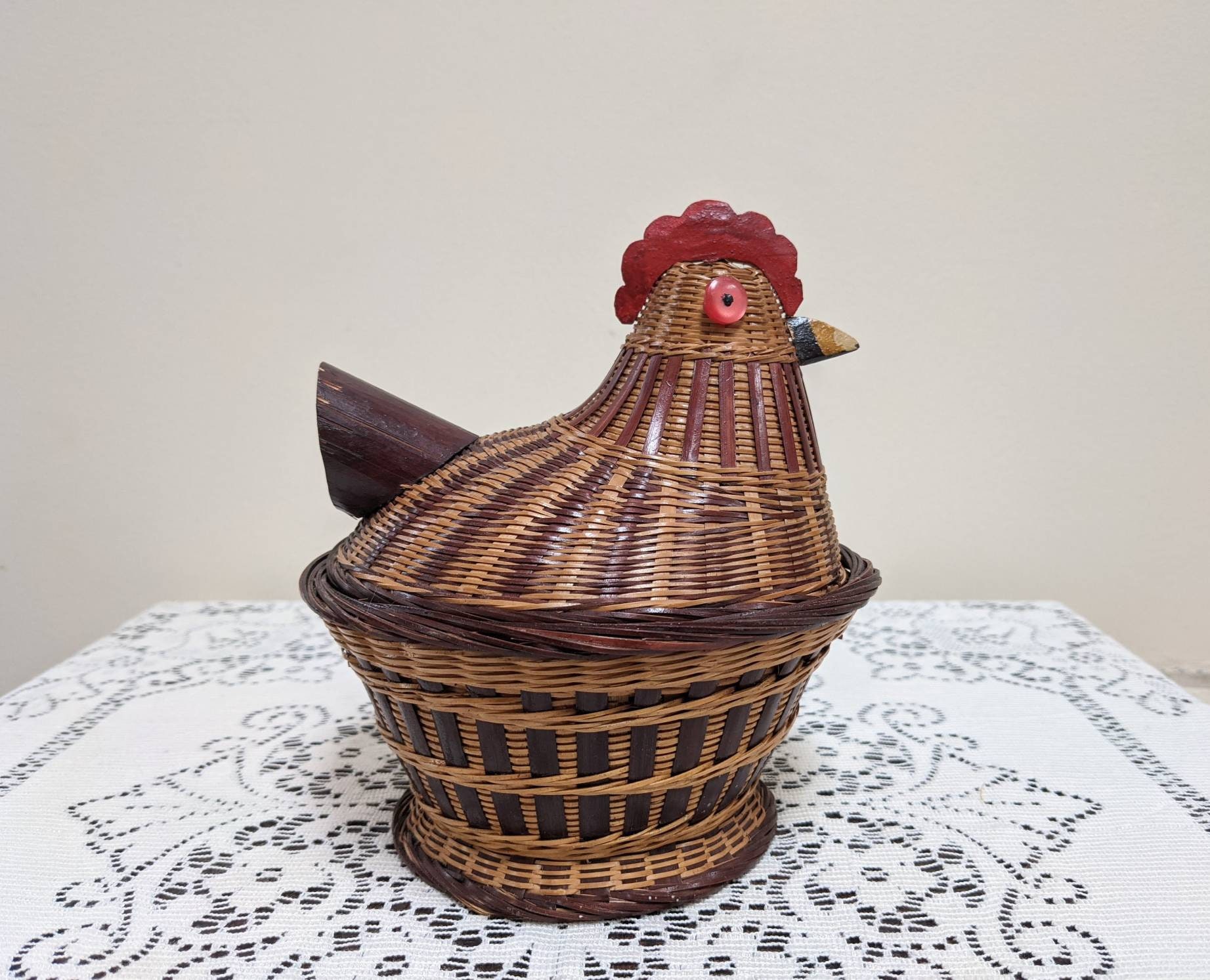 Vintage chicken wicker basket with lid woven hen on nest brown Etsy