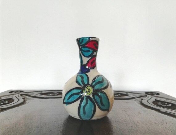 Vintage Studio Pottery Ceramic Vase Small Hand Painted Flowers Etsy