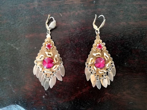 Vintage earrings chandelier dangle statement pink… - image 1
