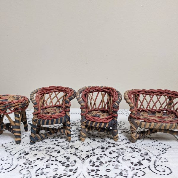 Vintage rattan wicker doll house furniture rustic red tones blue tri color miniature woven patio set two chairs table couch