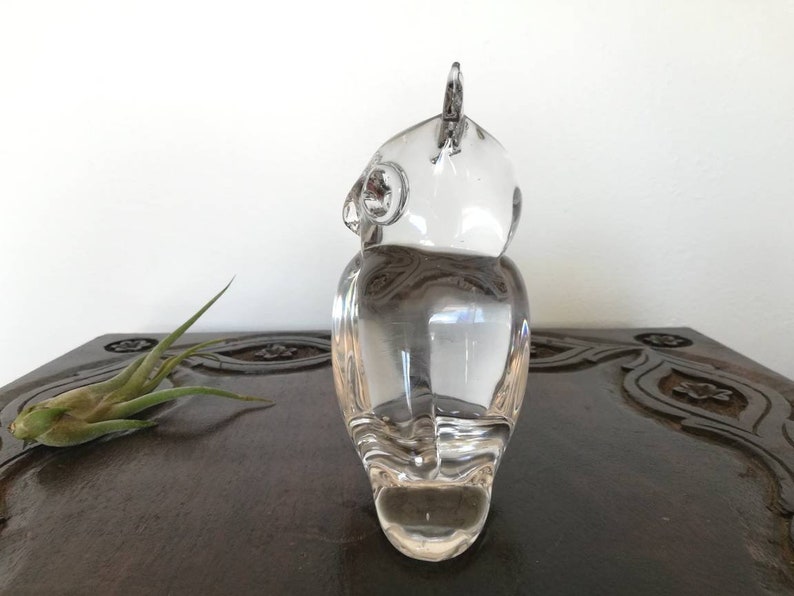 Vintage large clear glass owl figurine crystal mid century horned owl decor paperweight unique owl gift retro owl art stylized