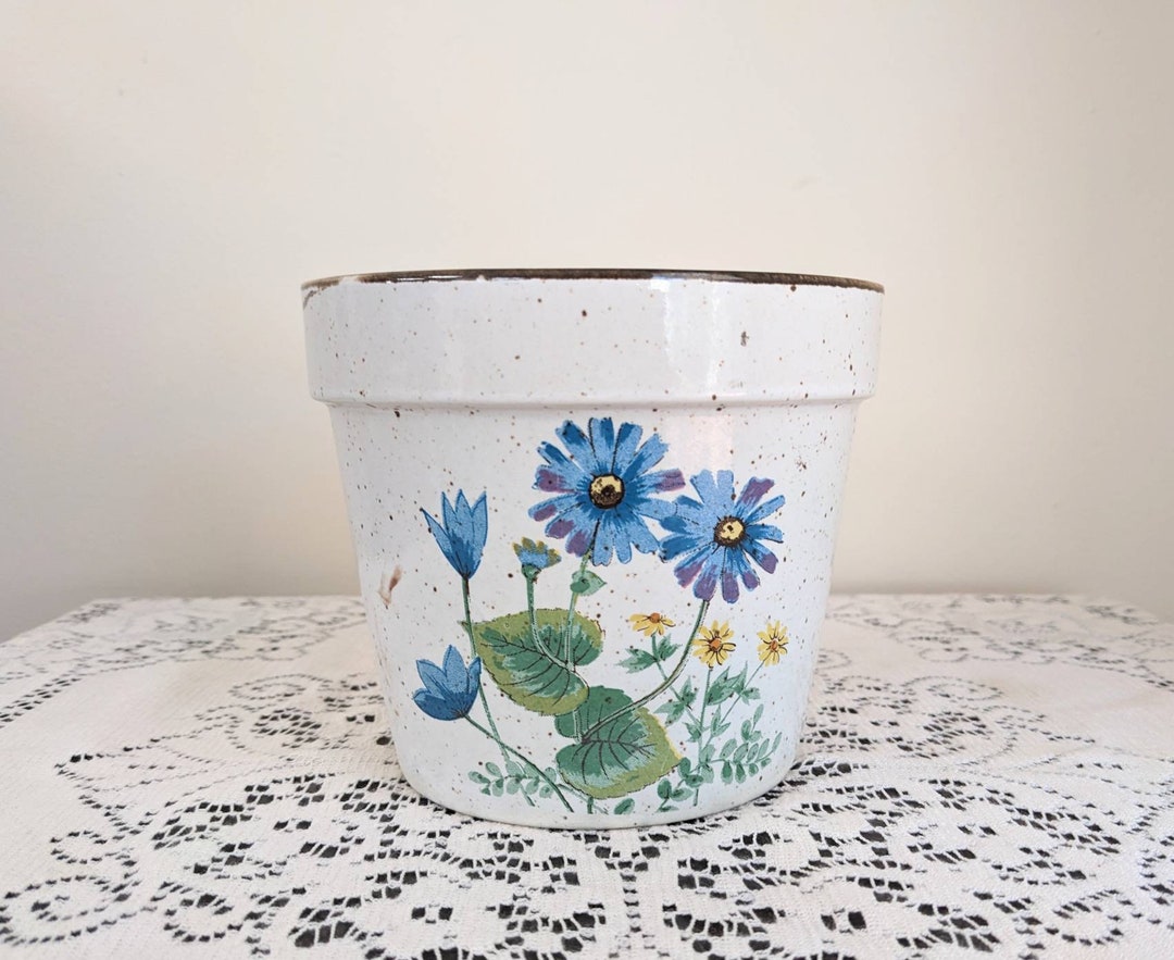 Vintage Planter Pot Drainage Hole Speckled Otagiri Flower Pot Blue