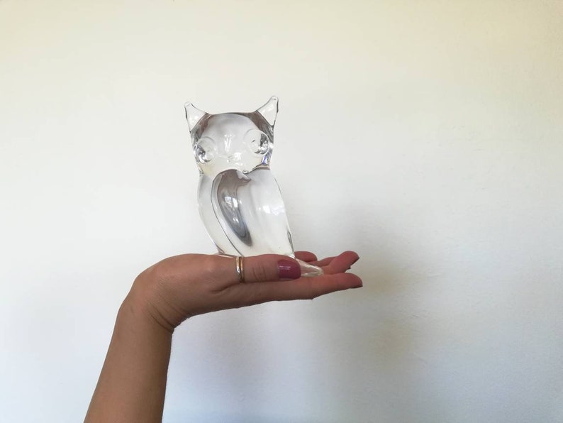 Vintage large clear glass owl figurine crystal mid century horned owl decor paperweight unique owl gift retro owl art stylized