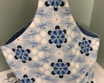 sac fourre-tout en coton réversible cousu à la main, floral bleu et oiseaux