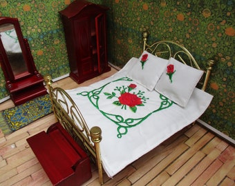 Dolls House  Floral Embroidered Double Bedspread and Pillows