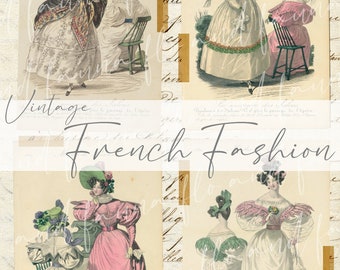 Vintage French Fashion Digital Junk Journal Kit, Printable Papers, Instant Download, Tags, Jpeg Files