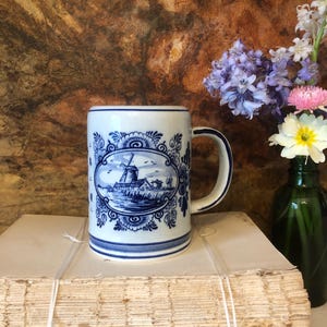 Vintage Delft Blue Mug/Tankard, handpainted, florals, Dutch windmill, sail boat/ship