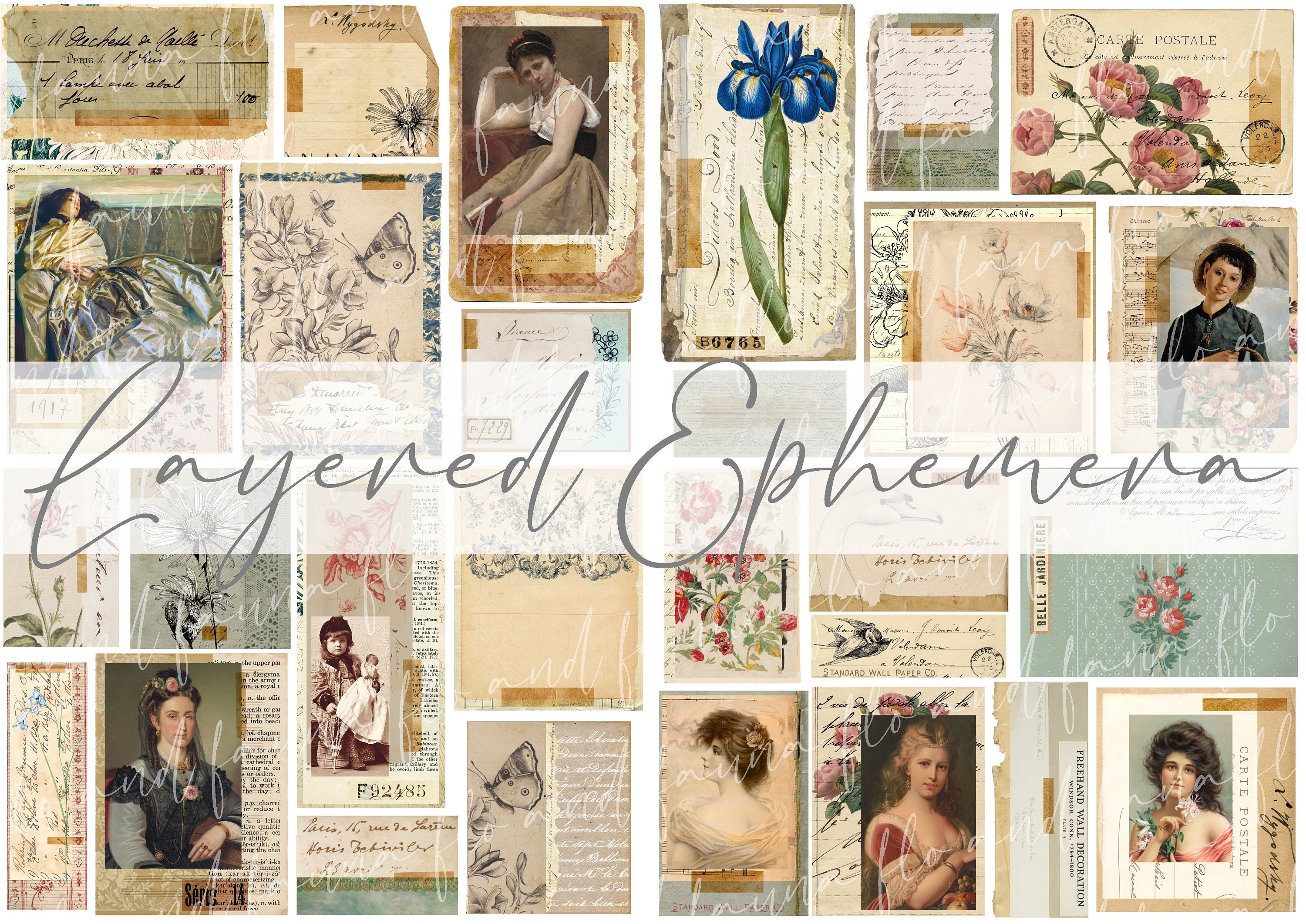 Layered Ephemera Tags/journal Cards, Vintage Digital Junk Journal Kit ...