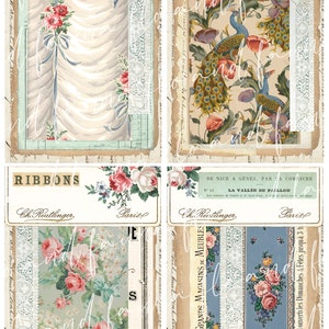 May include: Four vintage paper ephemera cards with floral and peacock designs. The cards are labeled with the name "Ch. Reutlinger" and the location "Paris". One card features the text "RIBBONS" and another card features the text "DE NICE A GENES, PAR LA CORNICHE N&deg; 12 LA VALL&Eacute;N DU PAILLON".